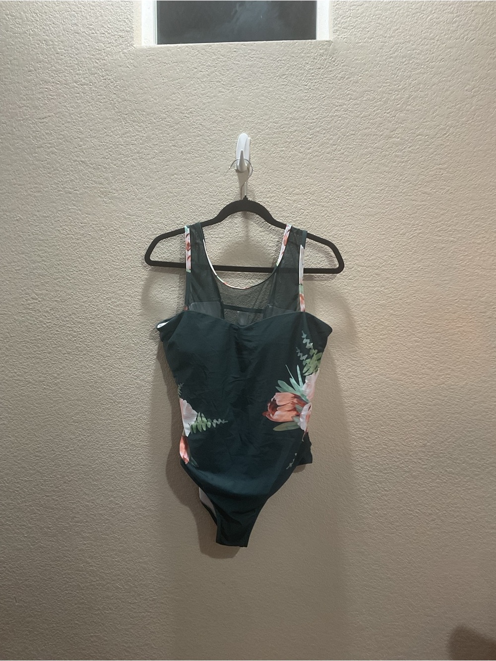 Floral Dark Green One-Piece Swimsuit with Mesh Yoke